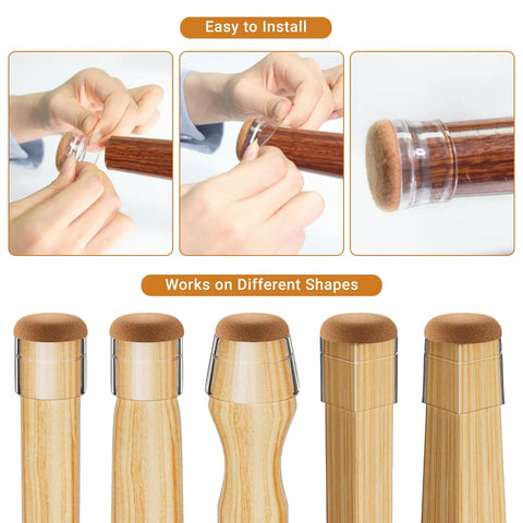 Extra Small Chair Leg Protectors 24 Pack Clear Silicone Covers For Round And Square Chair Feet Protect Floors From Scratches And Noise No Scratch Universal Fit Durable Wear Resistant Pad Caps shown being installed and fitting different chair legs.