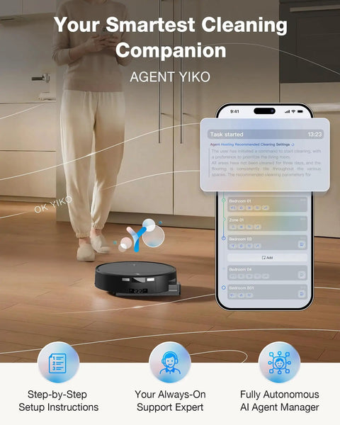 T90 Pro Omni Robot Vacuum And Mop With 30,000Pa Suction interacting with smartphone app and voice assistant in living room.