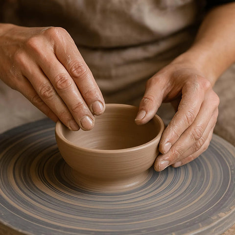 HighFree 7-inch sculpting wheel; hands shape a tan clay bowl on a metal turntable.