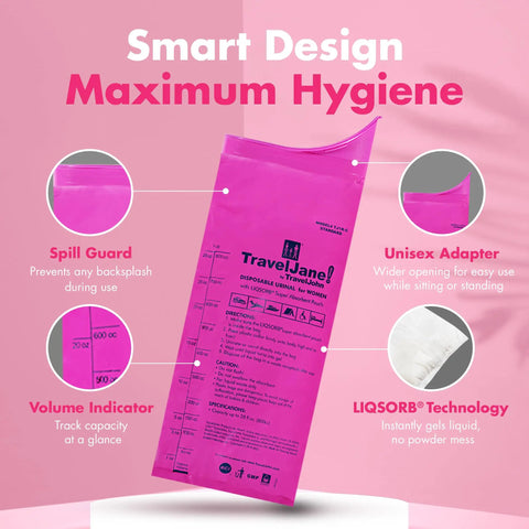 Pink Disposable Urinal Bags 28oz Six Pack For Travel On The Go Odorless And Leakproof Portable Urine Bags with features highlighted.