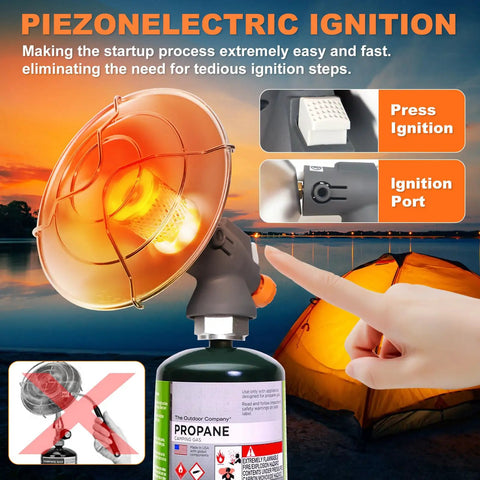 8500 BTU Portable Propane Heater For Outdoor Camping With Piezo Ignition highlighting ignition features