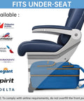 Underseat Carry On Luggage With Wheels fits under airplane seat, showing blue suitcase size comparison, perfect for pilots and crew.