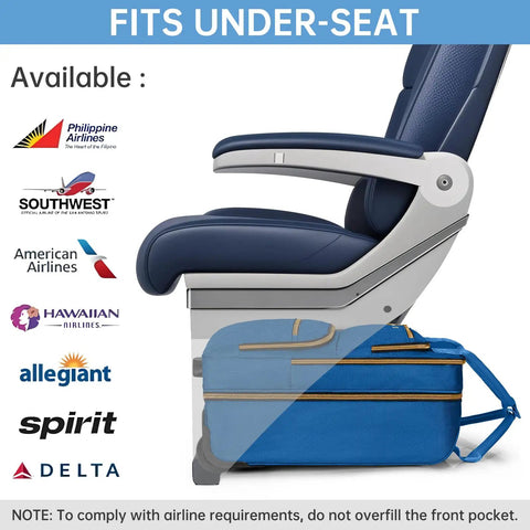 Underseat Carry On Luggage With Wheels fits under airplane seat, showing blue suitcase size comparison, perfect for pilots and crew.