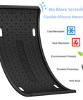 Curved black silicone license plate frame with text on flexibility, durability, and resistance. Two Pack Silicone License Plate Frame For US And CA Standard Cars Front And Back Cover All Weather Rustproof And Rattleproof With Water Coasters Black.