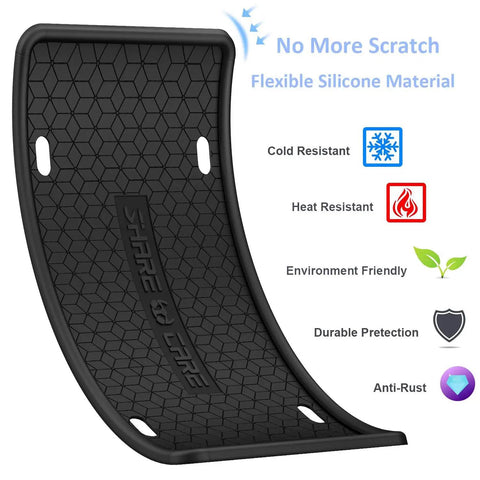 Curved black silicone license plate frame with text on flexibility, durability, and resistance. Two Pack Silicone License Plate Frame For US And CA Standard Cars Front And Back Cover All Weather Rustproof And Rattleproof With Water Coasters Black.