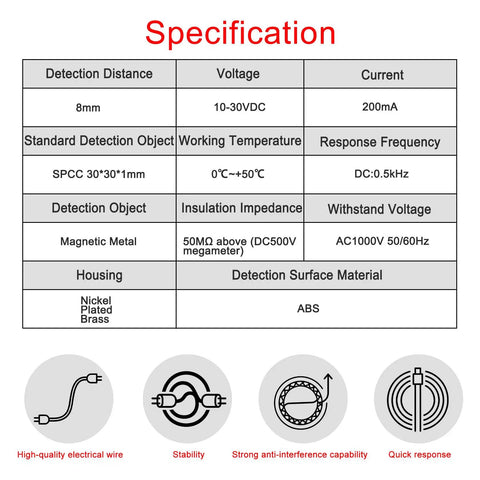 Inductive Proximity Sensor Switch No Fuss 8mm Detection Distance Non Shield Type Three Wire NPN Normally Open 10 To 30 VDC 200 mA Output M18 Mount LJ18A3 8 Z BX Blue Body specification chart with nickel plated brass housing and ABS surface