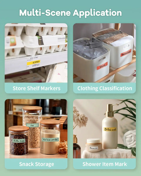 Compact Bluetooth Label Maker With Built In Rechargeable Battery And Ink Free Direct Thermal Printing For Effortless Home Organization And Straight Up Reliable Daily Labeling Jobs In Cool Green used for organizing food and clothing.