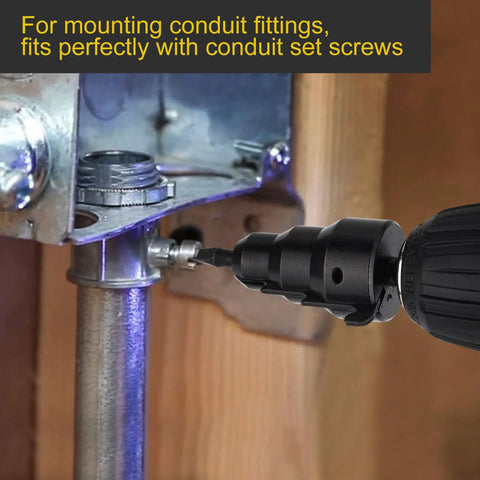 Close-up of Valkynos Conduit Reamer attached to a drill reaming 1/2–1 in conduit pipe.