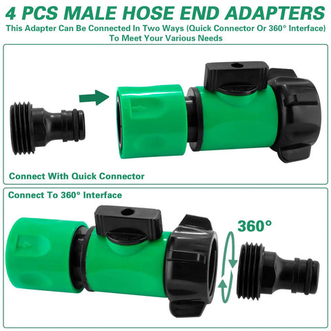 Garden Hose Quick Connect Kit With Three Quarter Inch GHT Female Connectors And Valve Quick Release in green and black