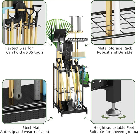 Heavy Duty Garden Tool Storage Rack With Wheels And Hooks Metal Organizer Stand for Garage Shed and Yard Space Saving Tool Holder for Easy Access Durable Weatherproof and Corrosion Resistant, holding shovels, rakes, and hoes with steel mat and adjustable feet features.