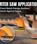 Dual Notch Safety Push Stick With Loop Handle Grip for miter saw application showing front notch anchoring stock.
