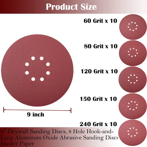 50 Pack 9 Inch Drywall Sanding Discs Set With 8 Hole Hook And Loop Backing, 10 Discs Each Of 60 80 120 150 And 240 Grits