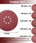 DIY Pro Grade 9 Inch Drywall Sanding Discs Set 50 Pack With 8 Hole Hook And Loop Backing Grits 60 80 120 150 240