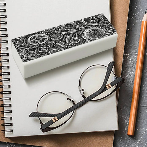 Industrial Metal Gear Textured Leather Eyeglass Case With Heavy Duty Magnetic Closure and Ultra Soft Velvet Lining for Prescription Glasses and Shades on notebook