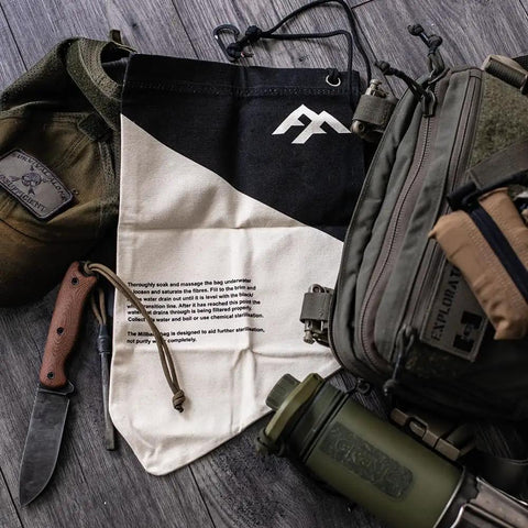 Water Filtration Bag For Bushcraft And Military Use, Second Edition displayed with knife and gear, handmade in the UK
