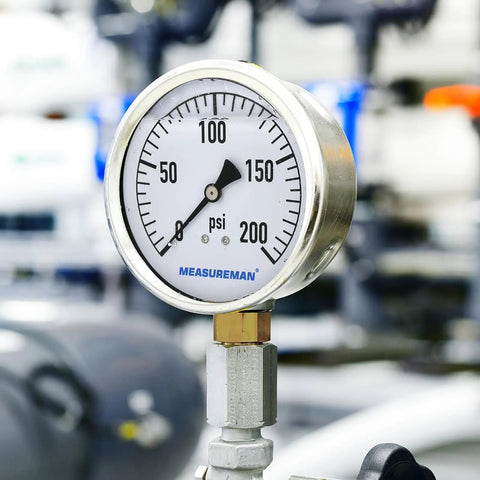 Glycerin Filled Plumbing Pressure Gauge 0 To 200 Psi With Four Inch Dial Stainless Steel Case One Quarter Inch NPT Brass Lower Mount Heavy Duty For Pneumatic Tools Water Filtration And Industrial Hydraulics