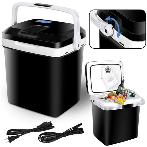 Heavy Duty 26 Liter Portable Car Cooler And Warmer With 12V Plug In Compact Electric Fridge filled with drinks and fruits.