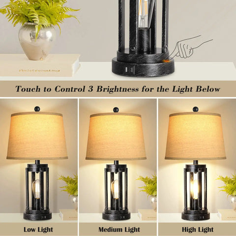 Set Of Two Modern Black Table Lamps With USB Ports And AC Outlet And 3 Way Dimmable Farmhouse Touch Lamps on display with brightness settings