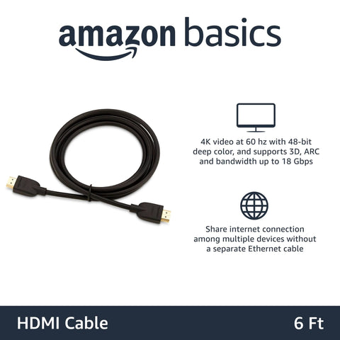 6ft 4K HDMI 2.0 Cable With Ethernet 18Gbps High Speed, coiled black cable with gold-plated connectors on white background.