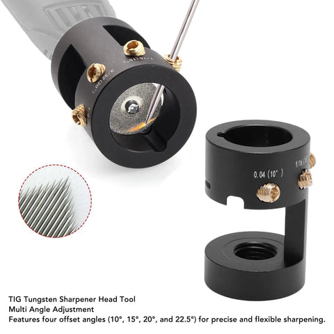 Aluminum Tungsten Electrode Sharpener Grinder with Multi Angle Settings showing 10, 15, 20, 22.5 degree angles for stable welds