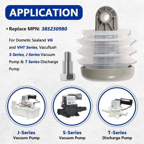 Pump bellows kit with bolt and bushing for Dometic Sealand VG/VHT and Vacuflush S, J, T series pumps