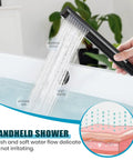 Using the cylindrical handheld spray of the Floor Mount Bathtub Faucet High Flow Freestanding Tub Filler With 360 Degree Swivel Gooseneck Spout