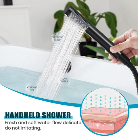 Using the cylindrical handheld spray of the Floor Mount Bathtub Faucet High Flow Freestanding Tub Filler With 360 Degree Swivel Gooseneck Spout