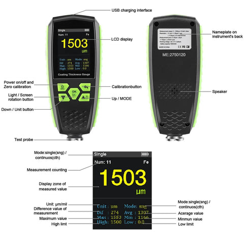 Digital Paint Thickness Gauge for Magnetic and Non Magnetic Substrates with Voice Readout and Color HD Display Pro Grade Car Coating Thickness Meter, front and back view