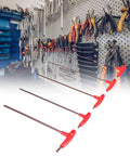 Hardcore Five Piece T Handle Hex Wrench Kit Made From Tough S2 Alloy Steel With Grippy Handles For Zero Slipping When Tightening Bolts In Auto Repair Or CNC Machine Maintenance In Tight Spaces And Gnarly Jobs Providing Serious Torque For Pros. five-piece red T-handle hex wrench set on pegboard