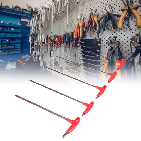 Hardcore Five Piece T Handle Hex Wrench Kit Made From Tough S2 Alloy Steel With Grippy Handles For Zero Slipping When Tightening Bolts In Auto Repair Or CNC Machine Maintenance In Tight Spaces And Gnarly Jobs Providing Serious Torque For Pros. five-piece red T-handle hex wrench set on pegboard
