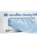 Front view of S&T Inc. microfiber cleaning cloths, 50-pack box with blue cloth, 11.8 x 11.8 in