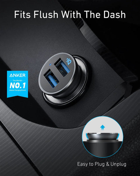 Ultra Compact Aluminum Alloy Dual USB Car Charger With Blue LED 24W Total Power fitted in car dash showing USB ports