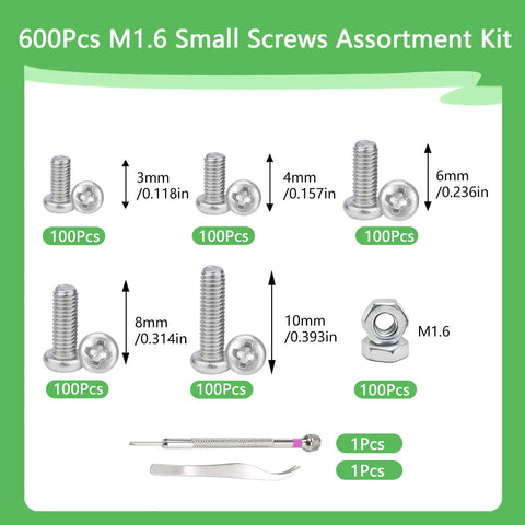 M1.6 Micro Screws And Nuts Kit With 600 Pieces In 3mm, 4mm, 6mm, 8mm, 10mm Lengths for watch repair and electronics