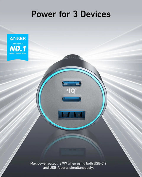 Front view of USB-C Car Charger 67W 3-Port Fast Charger with PPS PD PIQ 3.0, designed for iPhone, Galaxy, MacBook, iPad