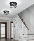 Industrial Flush Mount Ceiling Light Black 2 Light Metal Cage Farmhouse Ceiling Fixture For Kitchen Dining Room Porch Hallway Close To Ceiling Dope Rustic Vibe installed in modern hallway.