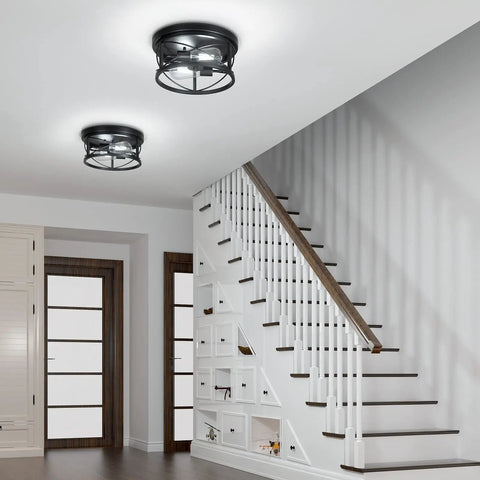 Industrial Flush Mount Ceiling Light Black 2 Light Metal Cage Farmhouse Ceiling Fixture For Kitchen Dining Room Porch Hallway Close To Ceiling Dope Rustic Vibe installed in modern hallway.