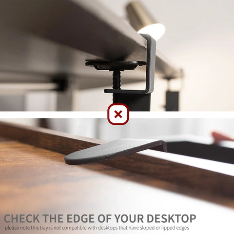 Close-up of swivel clamps on Rock Solid Slide Out Keyboard Tray For Corner Desk, showing compatibility check for desk edges.