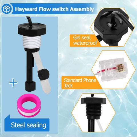 GLX-FLO-RP Flow Switch Assembly for Hayward with waterproof gel seal, steel sealing ring, and 15-ft cable.