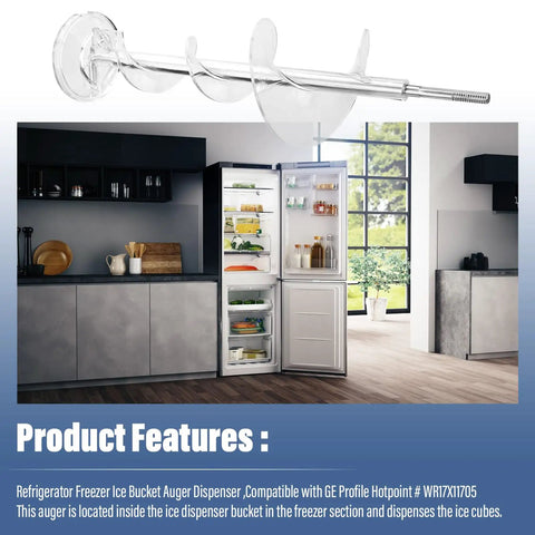 Upgrade Ice Maker Dispenser Auger For Refrigerator Replacement Parts Includes WR17X11705 shown in kitchen with open fridge