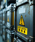 ForraFun 10-pack Lift Here labels, 5x2 in, bright yellow with black text, on industrial equipment.