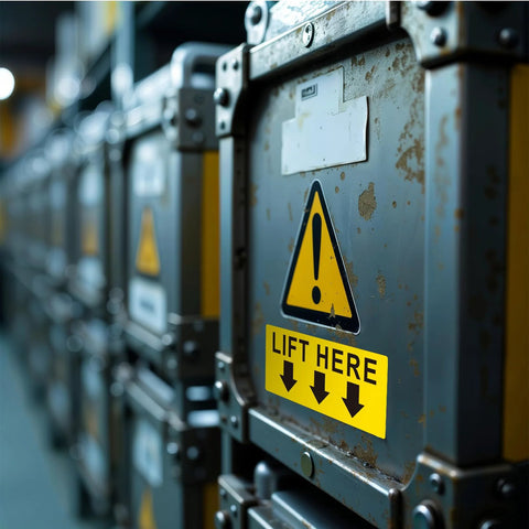 ForraFun 10-pack Lift Here labels, 5x2 in, bright yellow with black text, on industrial equipment.