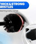 Close-up of toilet brush with thick bristles from Extended-Handle Toilet Brush And Plunger 4-Piece Set With Gap Brush And Cleaning Gloves Heavy-Duty Bathroom Cleaning Kit For Quick Grime Busting Anti-Splash Plunger Durable Black 20 Inch