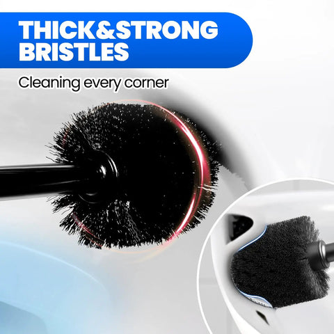 Close-up of toilet brush with thick bristles from Extended-Handle Toilet Brush And Plunger 4-Piece Set With Gap Brush And Cleaning Gloves Heavy-Duty Bathroom Cleaning Kit For Quick Grime Busting Anti-Splash Plunger Durable Black 20 Inch