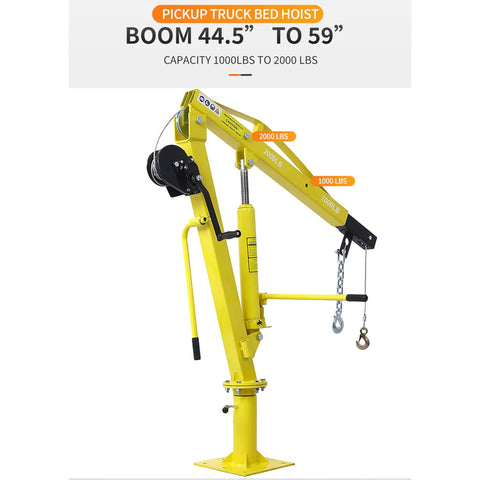 Heavy Duty Truck Bed Hoist With Hand Winch Pickup Jib Crane hydraulic, 44.5" to 59" boom, yellow color, 2000 lbs capacity.