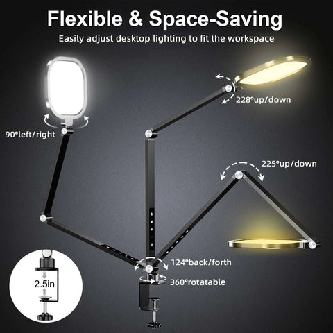 Diagram showing adjustable arms of Video Conference Lighting For Computer And Webcams Dimmable 15W Ring Light With Desk C Clamp