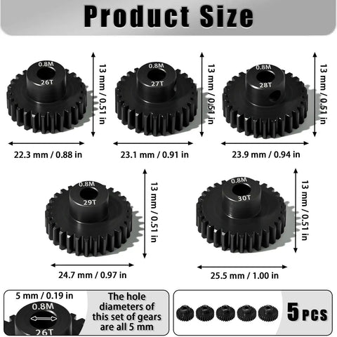 Five Piece 0.8M Hardened Steel Pinion Gear Set With 5mm Shaft And 26T 27T 28T 29T 30T For 1 To 10 Scale RC Cars Size Chart