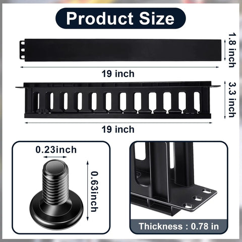 4 Pack 1U Rack Cable Management Sleeves Kit with Horizontal Mount Clips, 12 Slot Organizer, dimensions and panel cover details