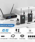 4 In 1 Wireless Lavalier Headset Microphone System with Dual UHF Transmitters, 2 Headset Mics, 2 Lapel Mics, accessories shown