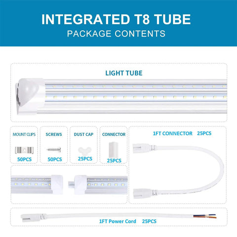 Package contents of 8Ft LED Shop Light Fixture With V Shaped 5Ft Tubes 48W Cold White 6000K T8 Integrated Bulbs