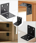 2 Inch Black Corner Brackets Set for Wood Furniture Shelves and Bed 90 Degree L Braces With 120 Screws installed on furniture
